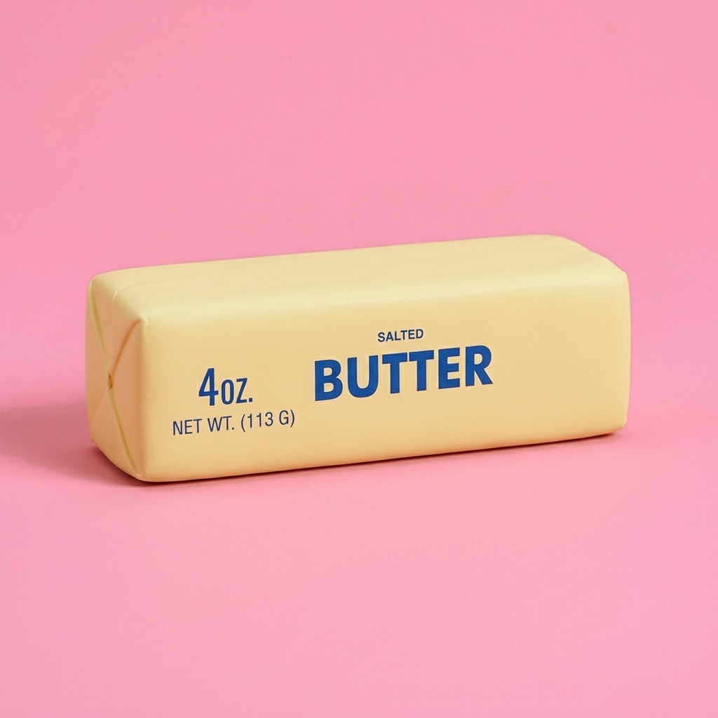 Yellow butter stick squishy in a printed wrapper