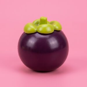 Purple crunchy mangosteen squishy with a green leafy cap