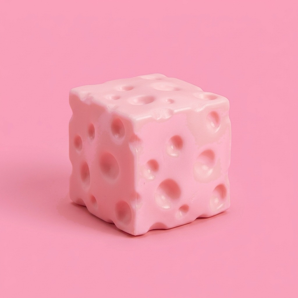 Pink mouldable cheese cube squishy with holes