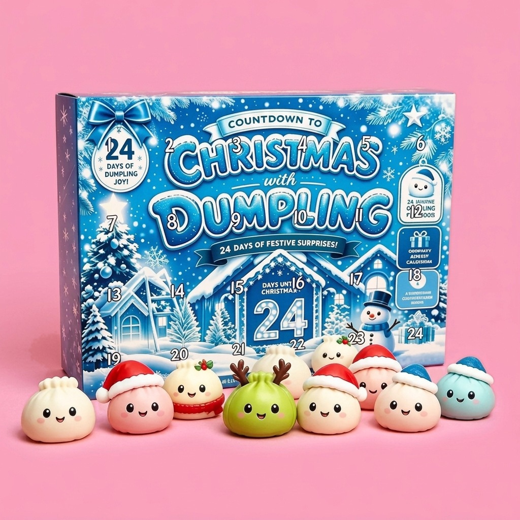 Blue snowflake dumpling squishy advent calendar with 24 mini squishies